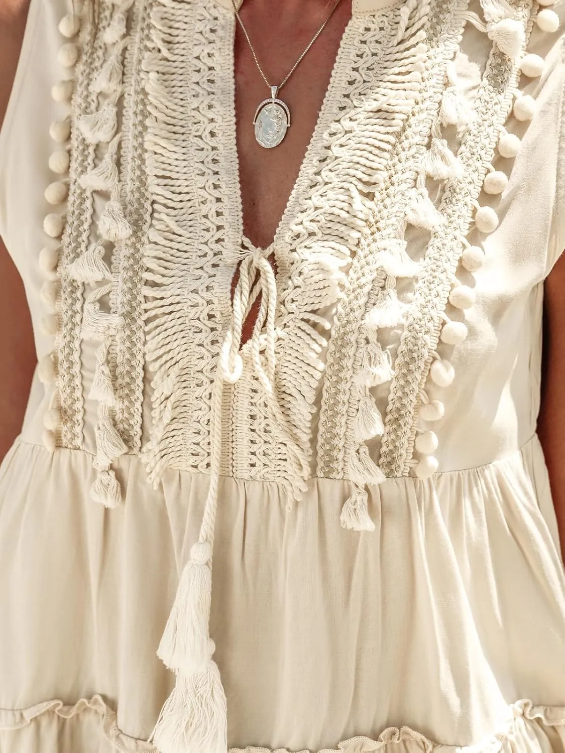 CUPSHE Women's Fringe Tops Boho Sleeveless Tassel Peplum Babydoll Blouse Beach Outfits