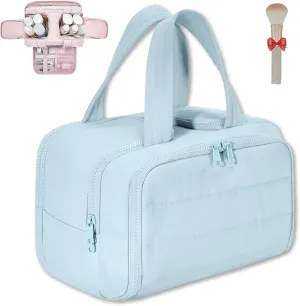 Cureaway Travel Cosmetic Bag, Large Capacity Wide-Open Travel Cosmetic Bag, Waterproof Portable Pouch Open Flat Toiletry Bags for Women with Divider and Handle (Blue)