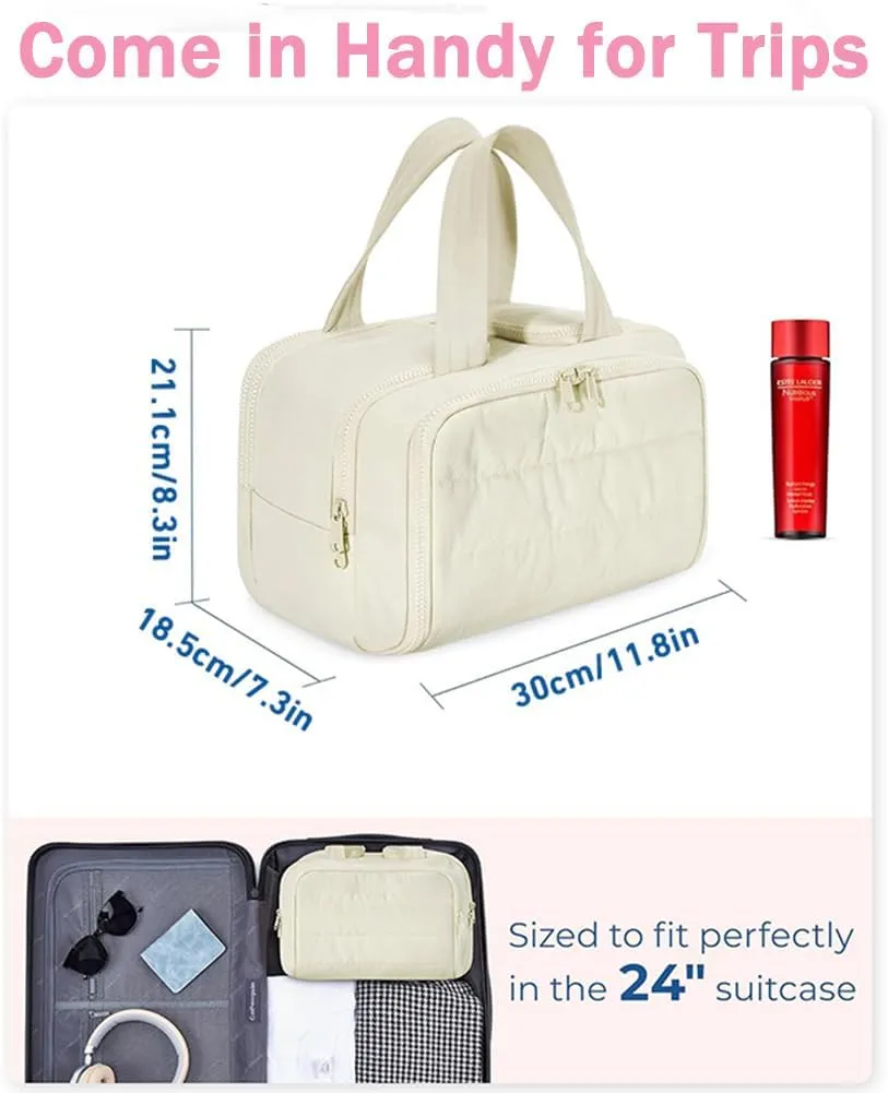 Cureaway Travel Cosmetic Bag, Large Capacity Wide-Open Travel Cosmetic Bag, Waterproof Portable Pouch Open Flat Toiletry Bags for Women with Divider and Handle (Blue)