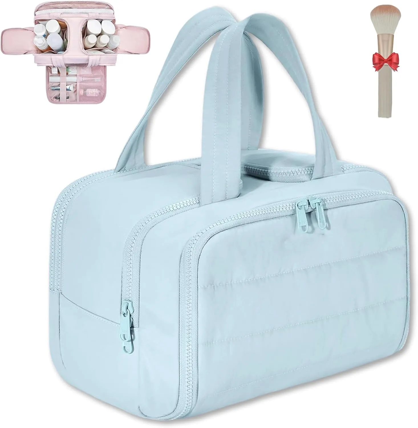 Cureaway Travel Cosmetic Bag, Large Capacity Wide-Open Travel Cosmetic Bag, Waterproof Portable Pouch Open Flat Toiletry Bags for Women with Divider and Handle (Blue)