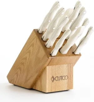 CUTCO Model 2018 White (pearl) Homemaker 8 Set............18 High Carbon Stainless knives & forks in factory-sealed plastic bags............#1748 Honey Oak knife block, #82 Sharpener, and #125 10'' x 13'' Poly Prep cutting board also included.