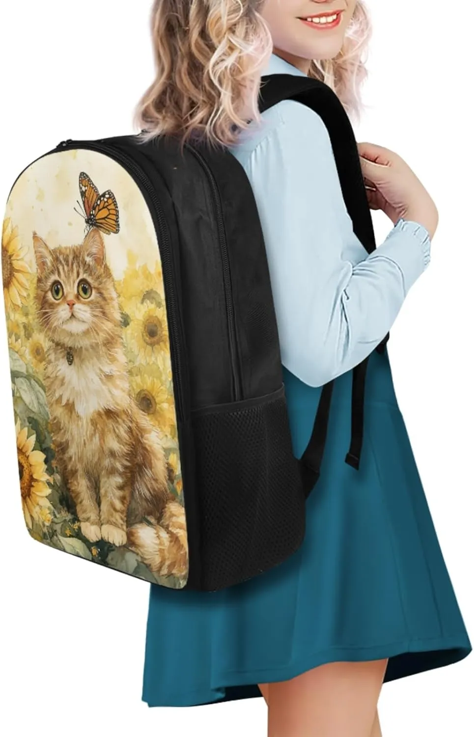 Cute Cat Backpack and Lunchbox for Girls Ages 6-8, Kawaii School Bag Set for Girls Pencil Case and Water Bottle Holder Adorable Backpack and Lunch Box 4 PCS Set for Kids Back to School