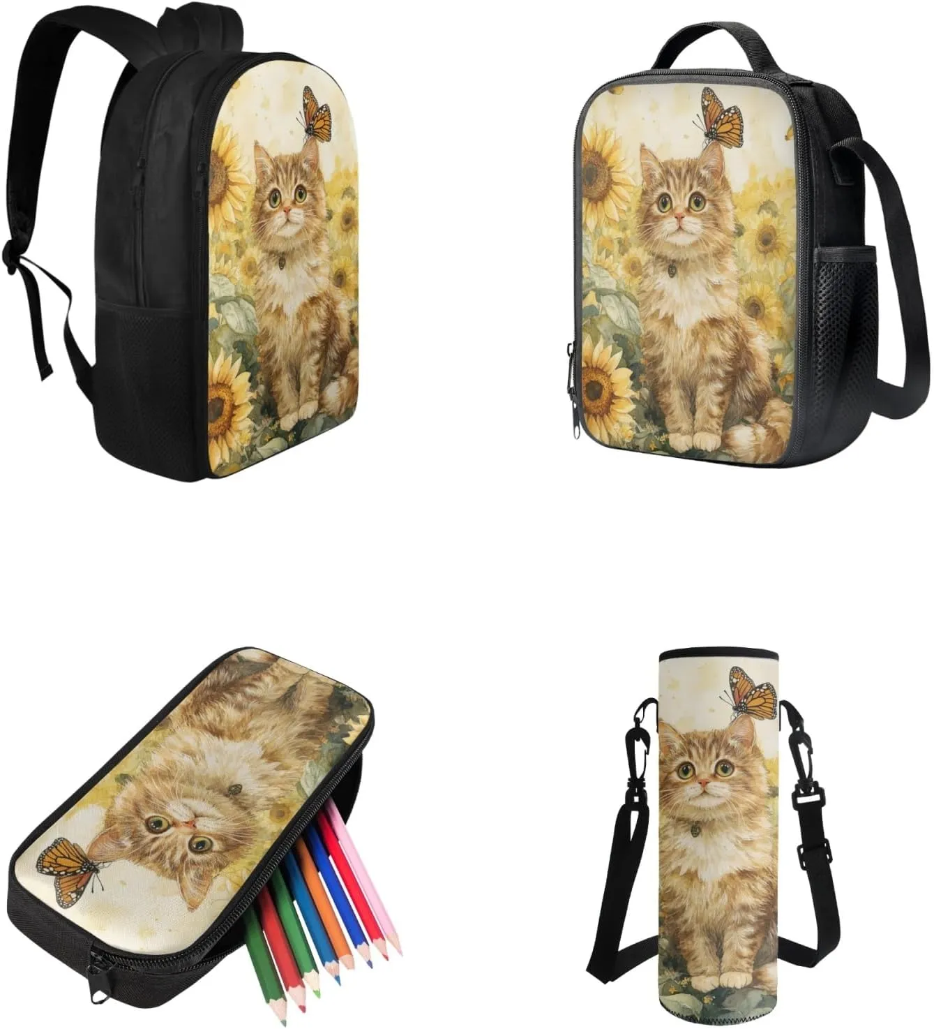 Cute Cat Backpack and Lunchbox for Girls Ages 6-8, Kawaii School Bag Set for Girls Pencil Case and Water Bottle Holder Adorable Backpack and Lunch Box 4 PCS Set for Kids Back to School