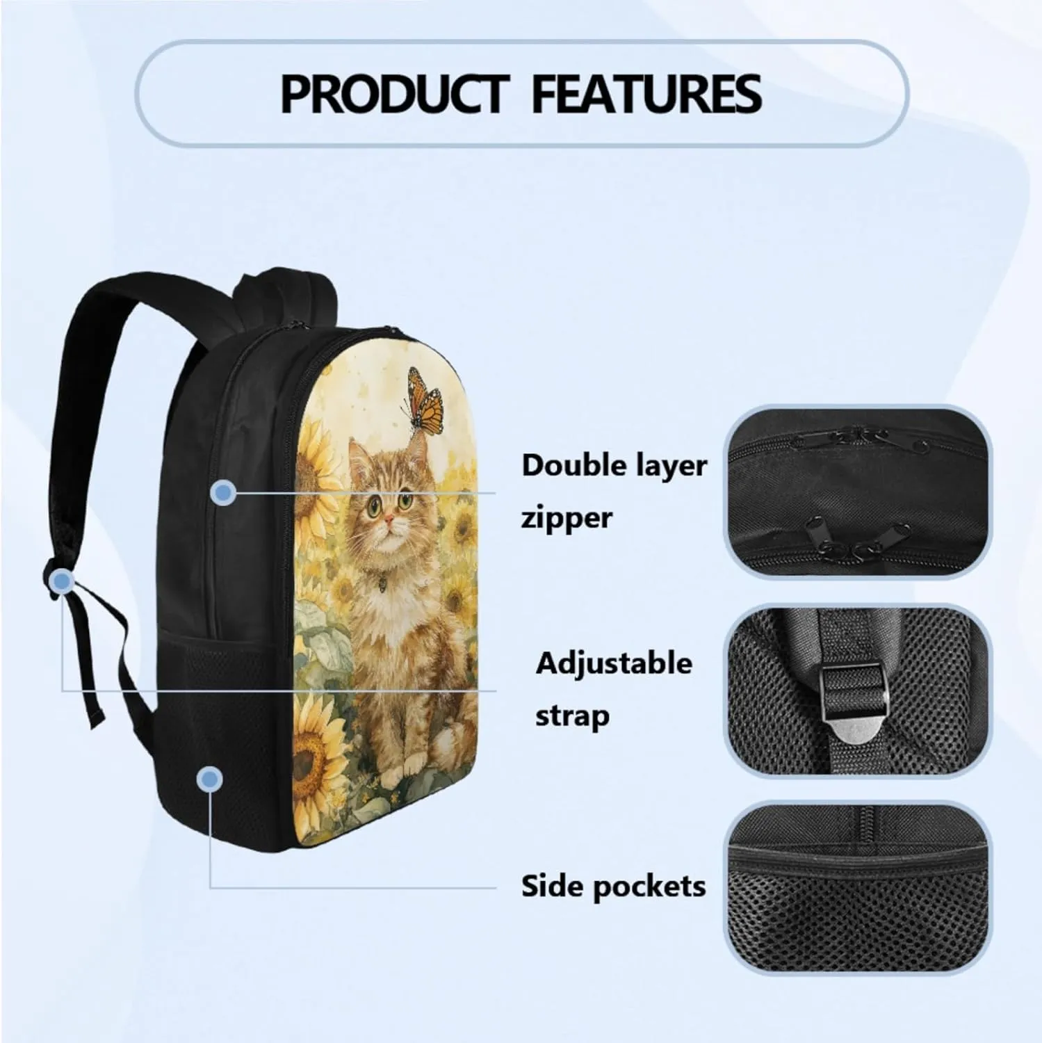 Cute Cat Backpack and Lunchbox for Girls Ages 6-8, Kawaii School Bag Set for Girls Pencil Case and Water Bottle Holder Adorable Backpack and Lunch Box 4 PCS Set for Kids Back to School