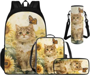 Cute Cat Backpack and Lunchbox for Girls Ages 6-8, Kawaii School Bag Set for Girls Pencil Case and Water Bottle Holder Adorable Backpack and Lunch Box 4 PCS Set for Kids Back to School