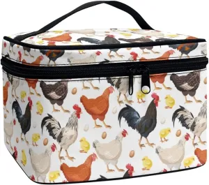 Cute Farm Chicken Rooster Print Travel Makeup Bag for Women Large Capacity Cosmetic Bags with Zipper And Handle Make Up Tote Bags Organizer Portable Brushes Case Toiletry Bags