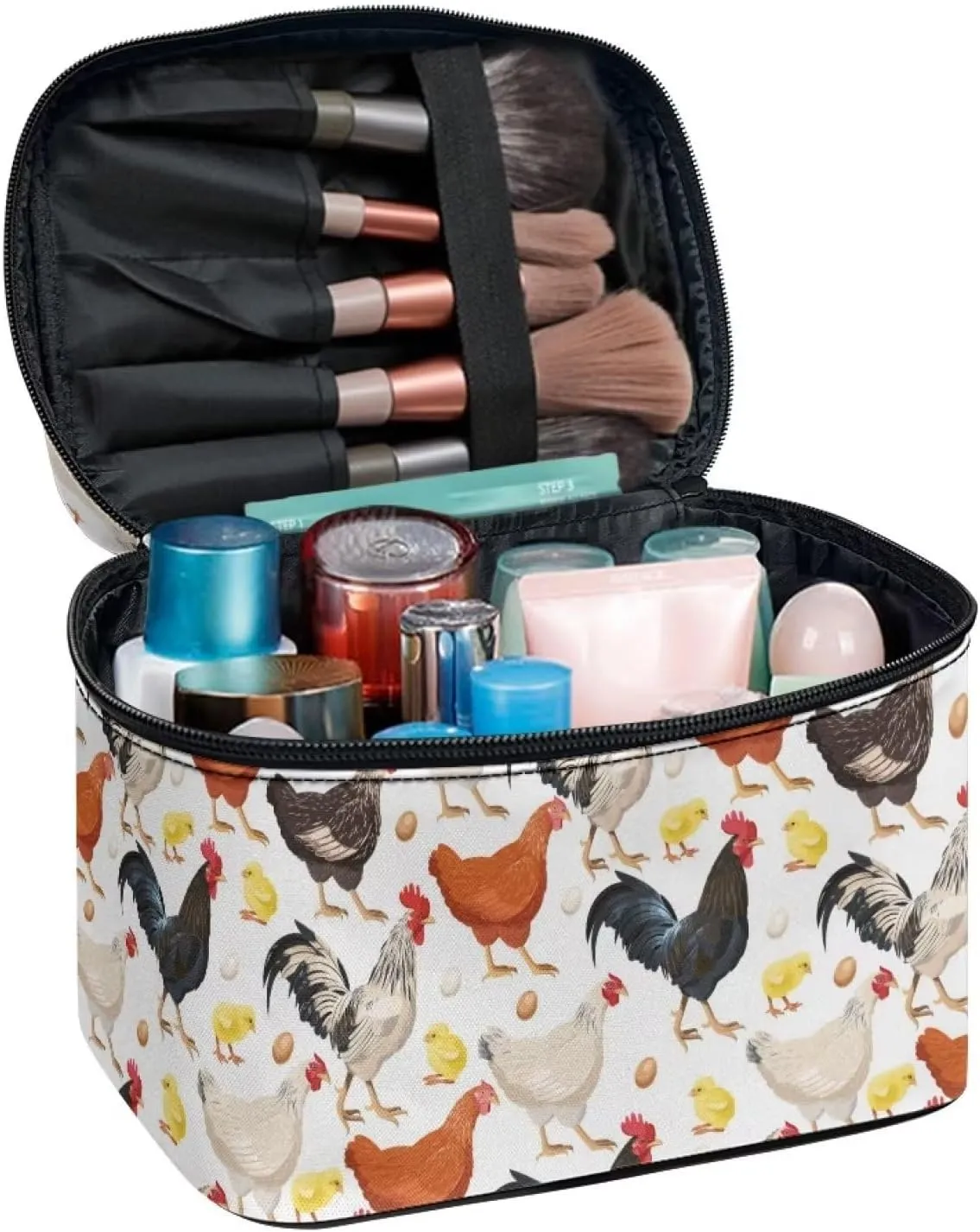 Cute Farm Chicken Rooster Print Travel Makeup Bag for Women Large Capacity Cosmetic Bags with Zipper And Handle Make Up Tote Bags Organizer Portable Brushes Case Toiletry Bags