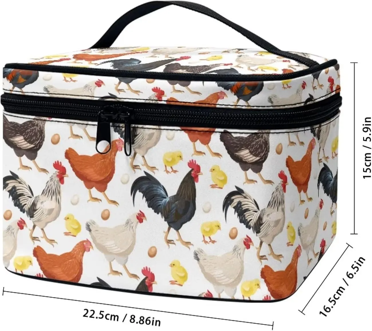 Cute Farm Chicken Rooster Print Travel Makeup Bag for Women Large Capacity Cosmetic Bags with Zipper And Handle Make Up Tote Bags Organizer Portable Brushes Case Toiletry Bags