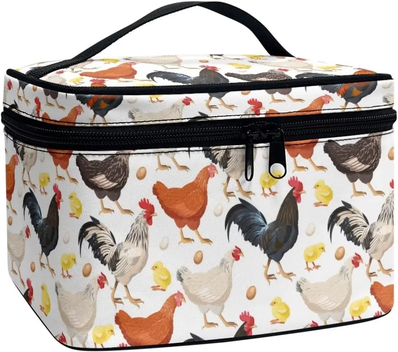 Cute Farm Chicken Rooster Print Travel Makeup Bag for Women Large Capacity Cosmetic Bags with Zipper And Handle Make Up Tote Bags Organizer Portable Brushes Case Toiletry Bags