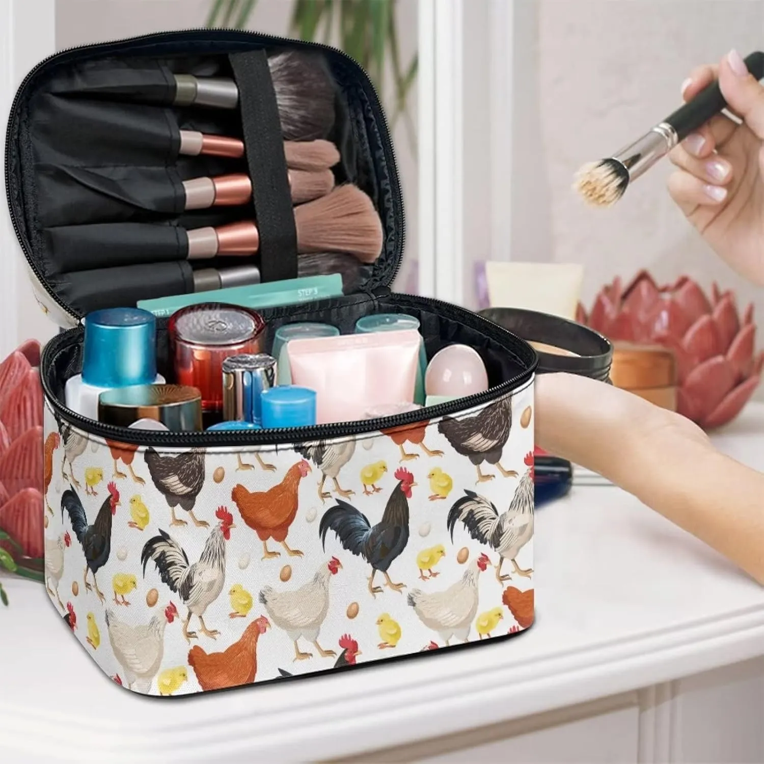 Cute Farm Chicken Rooster Print Travel Makeup Bag for Women Large Capacity Cosmetic Bags with Zipper And Handle Make Up Tote Bags Organizer Portable Brushes Case Toiletry Bags