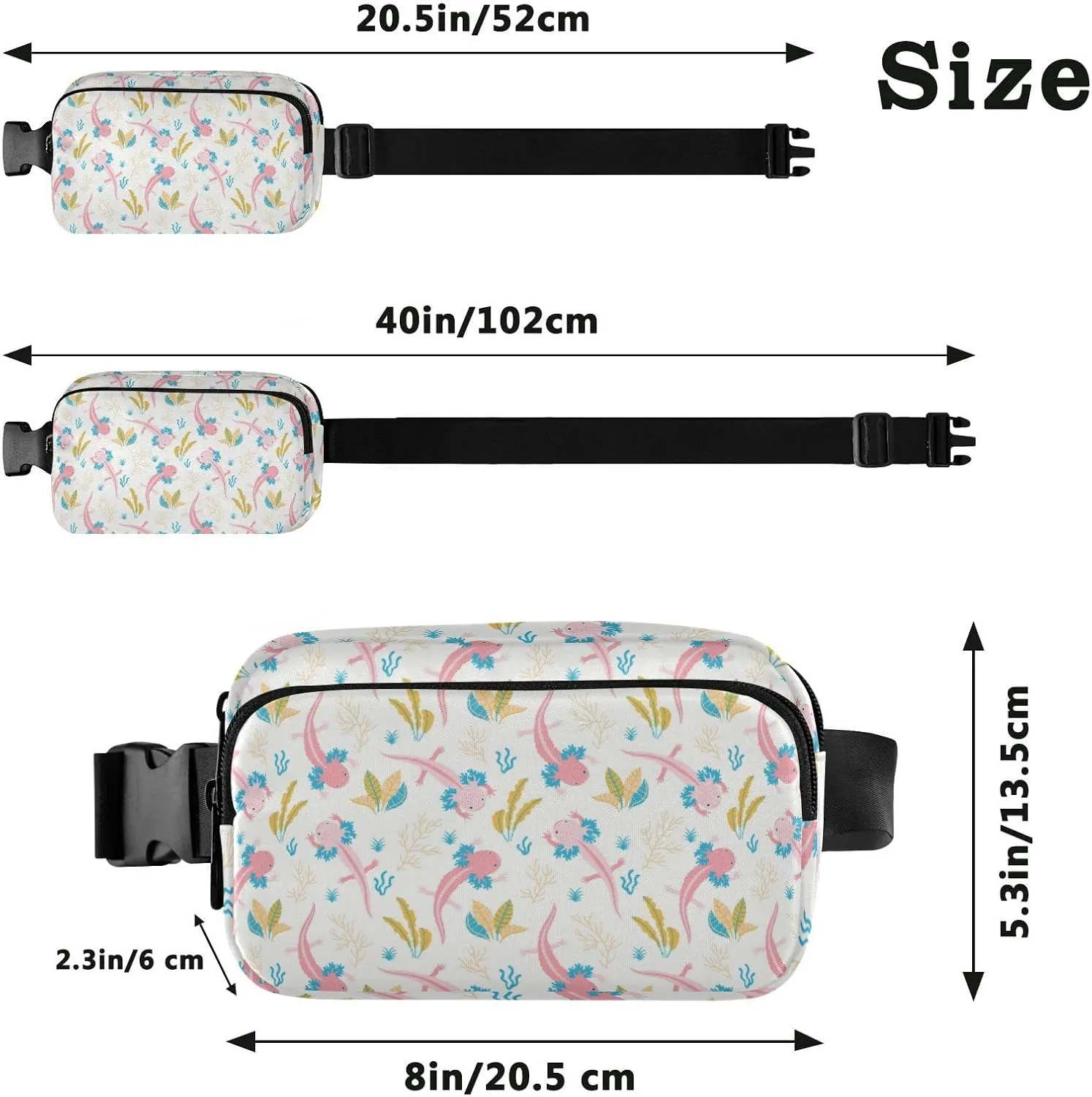 Cute Pink Swimming Axolotls Sea Plants Coral Reef on Light Pink Adjustable Belt Running Bag, Crossbody Fanny Pack Waist Runners Bag Tote for Women Men Sports Hiking Fitness Exercise Gym Pouch