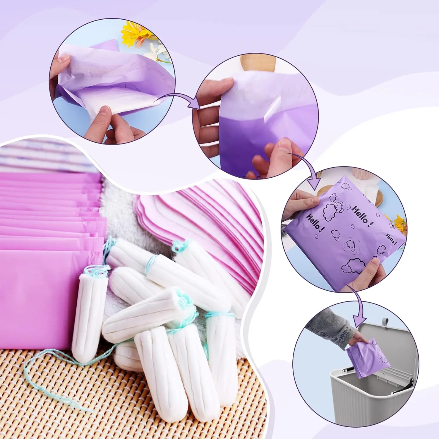 Cute Purple Sanitary Pad Disposal Bags - Pack of 200, 7x12inches Opaque Feminine Hygiene Disposal Bags for Tampons, Liners