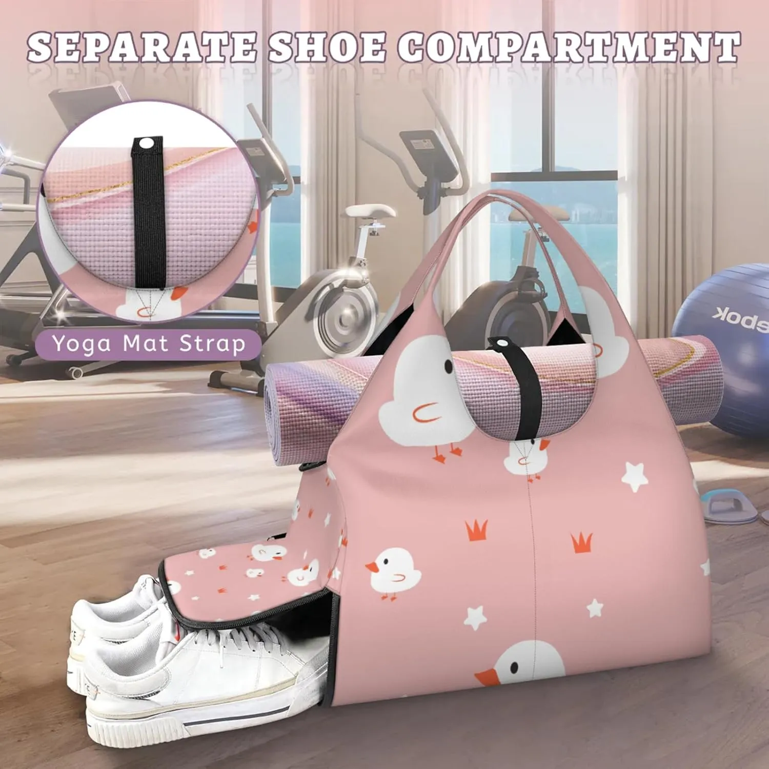 Cute White Ducks Gym Bag Yoga Mat Tote for Women with Shoes Compartment Lightweight Duffle Travel Carrier Wet Dry Storage Pockets Adjustable Pilates Mats Shoulder Bags for Sport Swim
