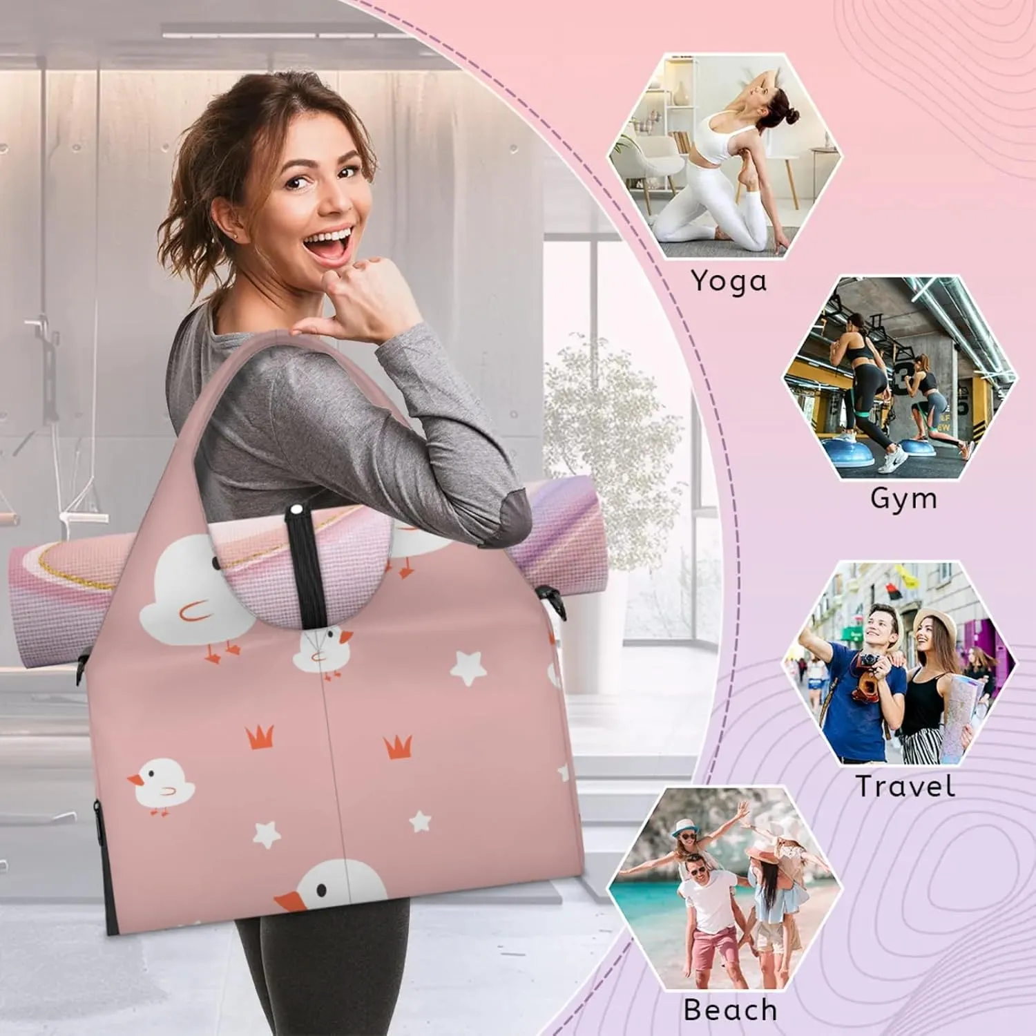 Cute White Ducks Gym Bag Yoga Mat Tote for Women with Shoes Compartment Lightweight Duffle Travel Carrier Wet Dry Storage Pockets Adjustable Pilates Mats Shoulder Bags for Sport Swim