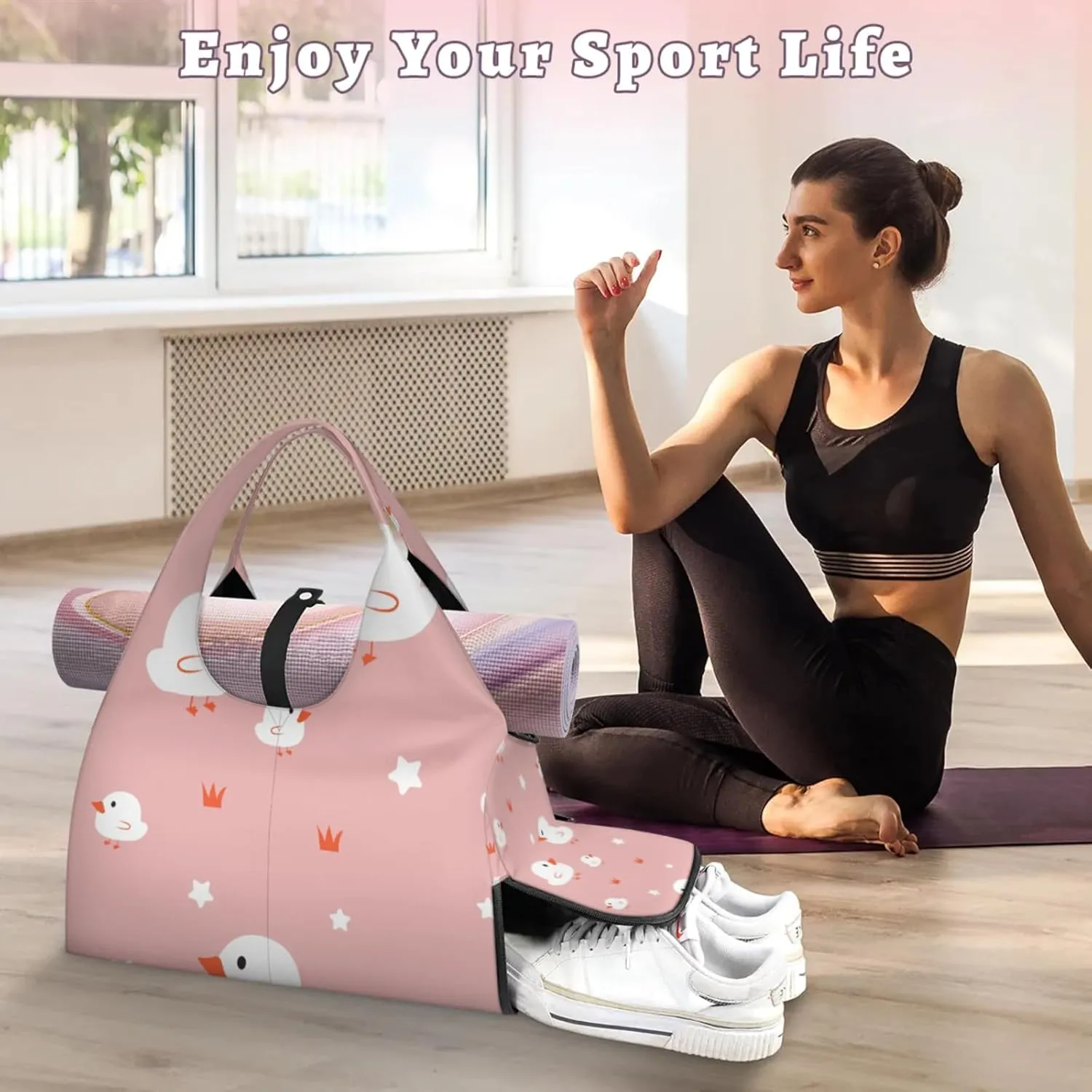 Cute White Ducks Gym Bag Yoga Mat Tote for Women with Shoes Compartment Lightweight Duffle Travel Carrier Wet Dry Storage Pockets Adjustable Pilates Mats Shoulder Bags for Sport Swim