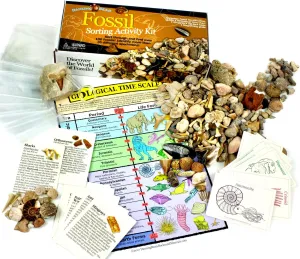DANCING BEAR Fossil Collection Sorting Activity Kit with Over 100 Pcs (More Than 20 Different Fossil Varieties!), Educational ID Sheet, Color ID Cards, Bags, Magnifying Glass, and Shark Teeth
