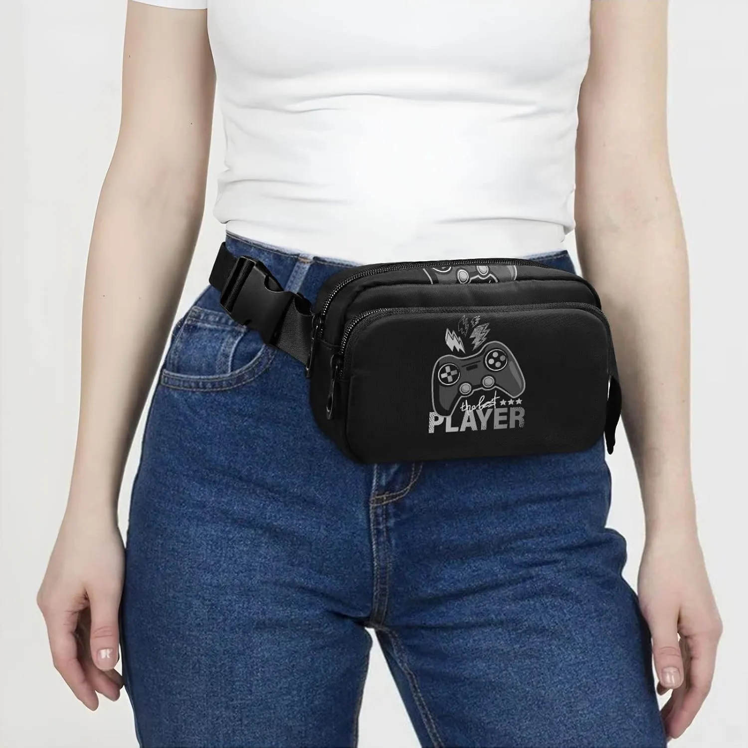 Dark Grey Game Joystick the Best Player Lightenings on Dark Adjustable Belt Running Bag, Crossbody Fanny Pack Waist Runners Bag Tote for Women Men Sports Hiking Fitness Exercise Gym Pouch