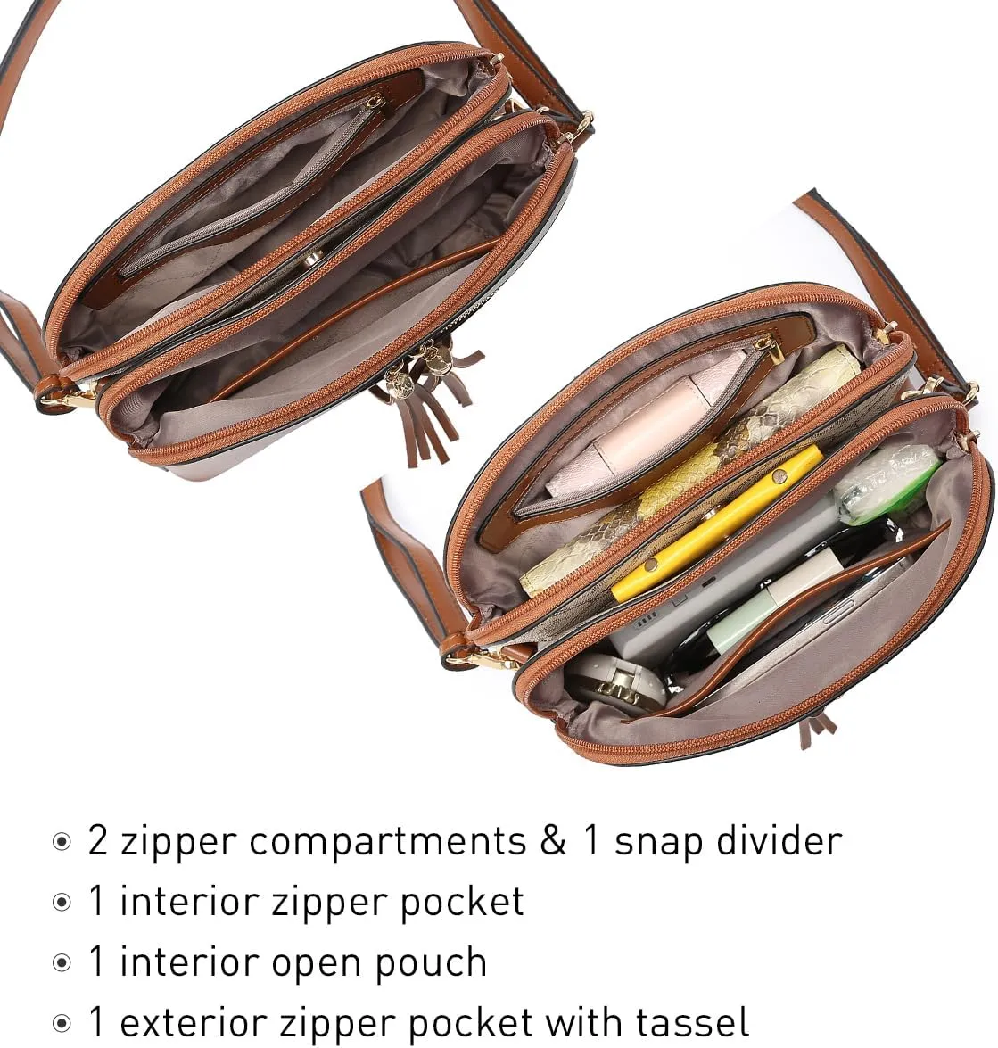 Dasein Women Tassel Zipper Pocket Crossbody Bag Shoulder Purse Fashion Travel Bag with Multi Pockets