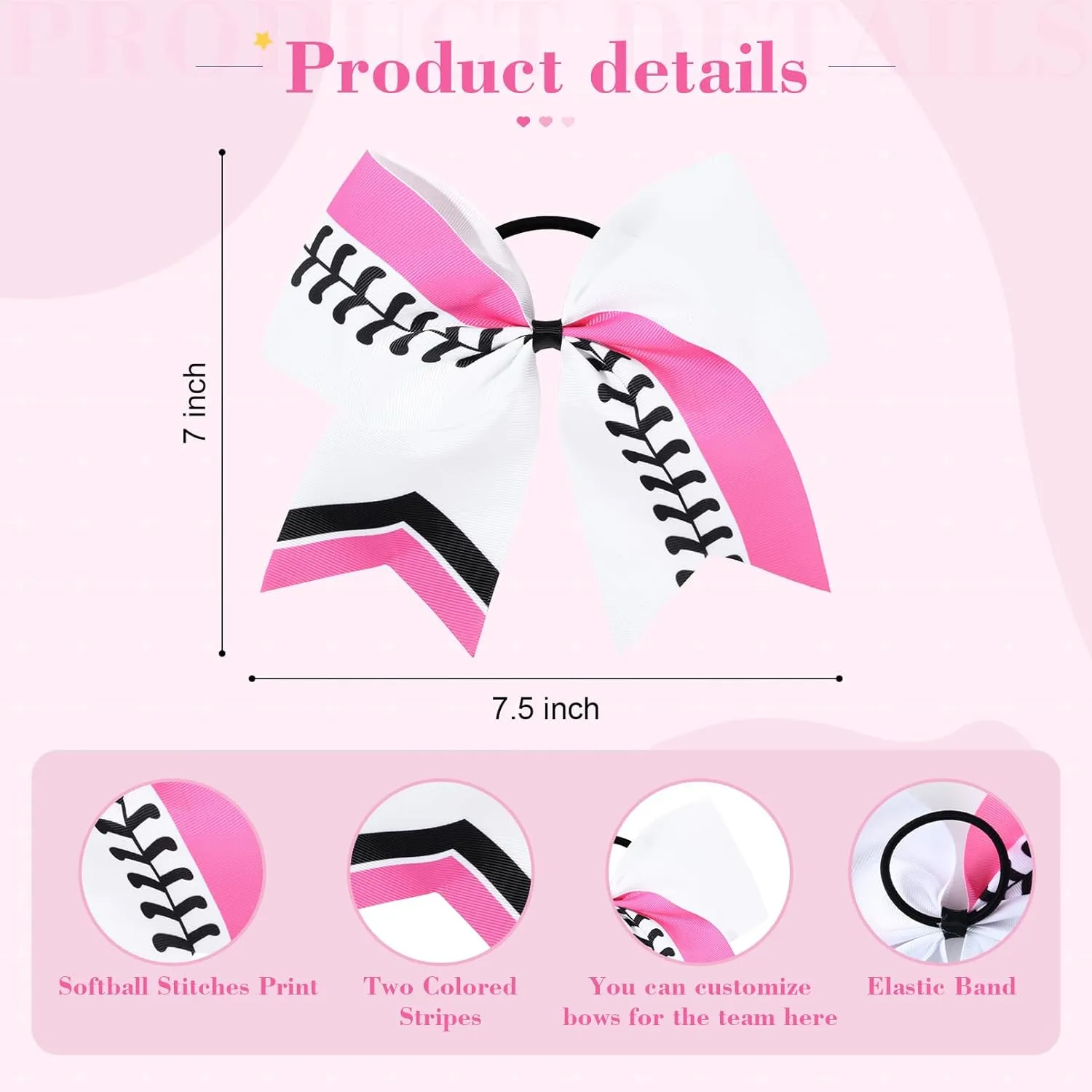 DEEKA 12 PCS Softball Cheer Bows 8" Softball Thread Large Cheer Hair Bows Ponytail Holder Handmade for Teen Girls Sports Cheerleader -White/Hot Pink/Black