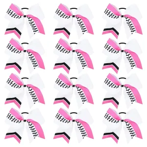 DEEKA 12 PCS Softball Cheer Bows 8" Softball Thread Large Cheer Hair Bows Ponytail Holder Handmade for Teen Girls Sports Cheerleader -White/Hot Pink/Black