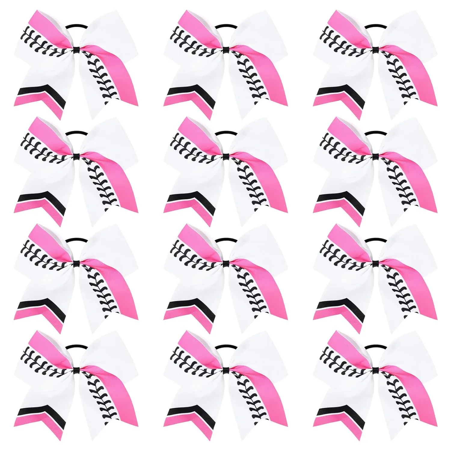 DEEKA 12 PCS Softball Cheer Bows 8" Softball Thread Large Cheer Hair Bows Ponytail Holder Handmade for Teen Girls Sports Cheerleader -White/Hot Pink/Black