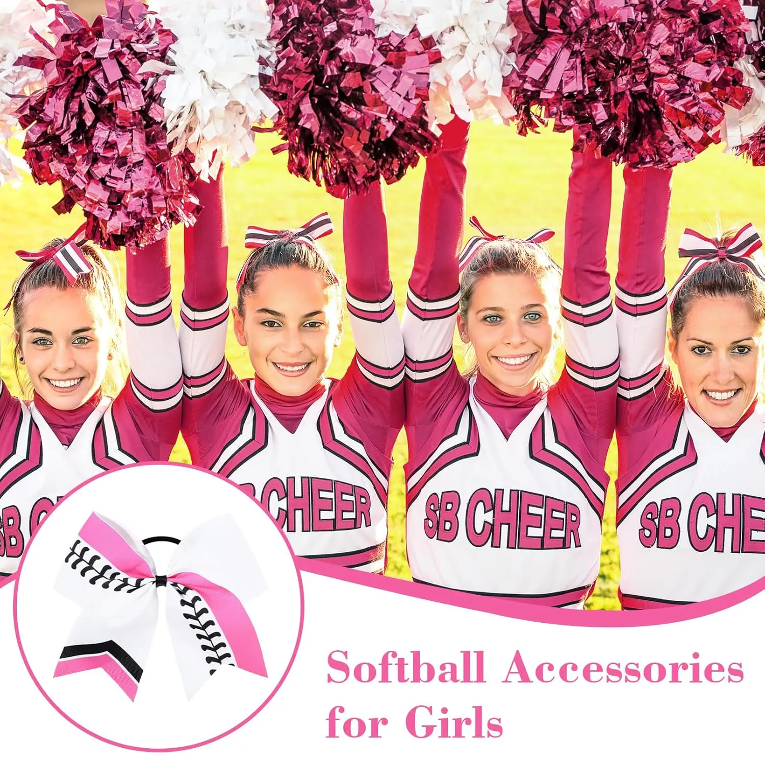 DEEKA 12 PCS Softball Cheer Bows 8" Softball Thread Large Cheer Hair Bows Ponytail Holder Handmade for Teen Girls Sports Cheerleader -White/Hot Pink/Black