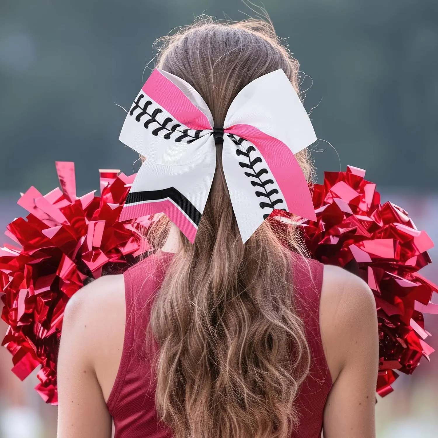 DEEKA 12 PCS Softball Cheer Bows 8" Softball Thread Large Cheer Hair Bows Ponytail Holder Handmade for Teen Girls Sports Cheerleader -White/Hot Pink/Black