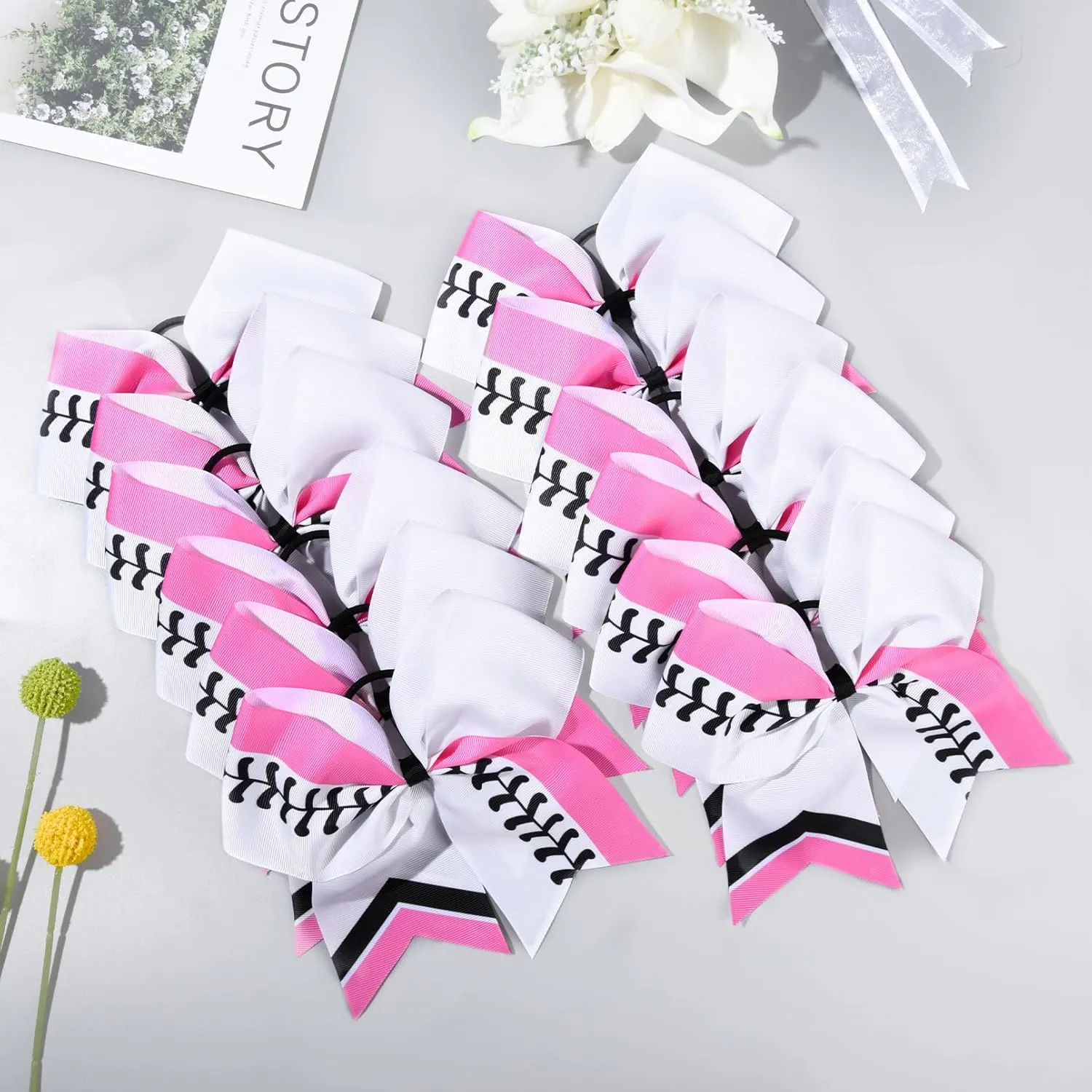 DEEKA 12 PCS Softball Cheer Bows 8" Softball Thread Large Cheer Hair Bows Ponytail Holder Handmade for Teen Girls Sports Cheerleader -White/Hot Pink/Black