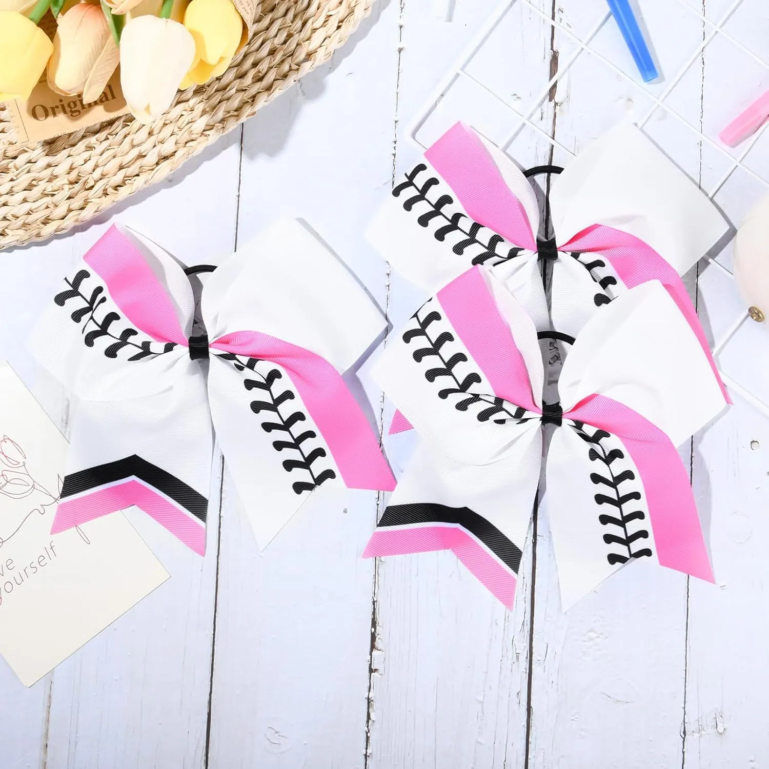 DEEKA 12 PCS Softball Cheer Bows 8" Softball Thread Large Cheer Hair Bows Ponytail Holder Handmade for Teen Girls Sports Cheerleader -White/Hot Pink/Black