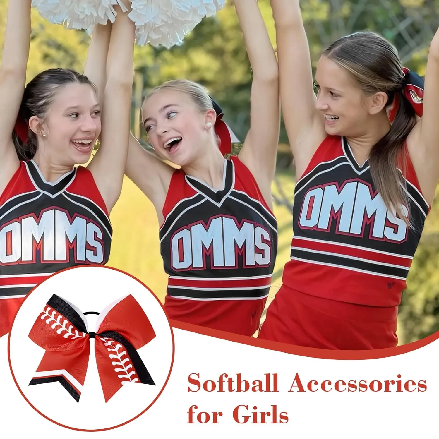 DEEKA 12 PCS Softball Cheer Bows 8" Thread Large Cheerleader Hair Bows Ponytail Holder Handmade for Teen Girls Sports -Red/Black/White