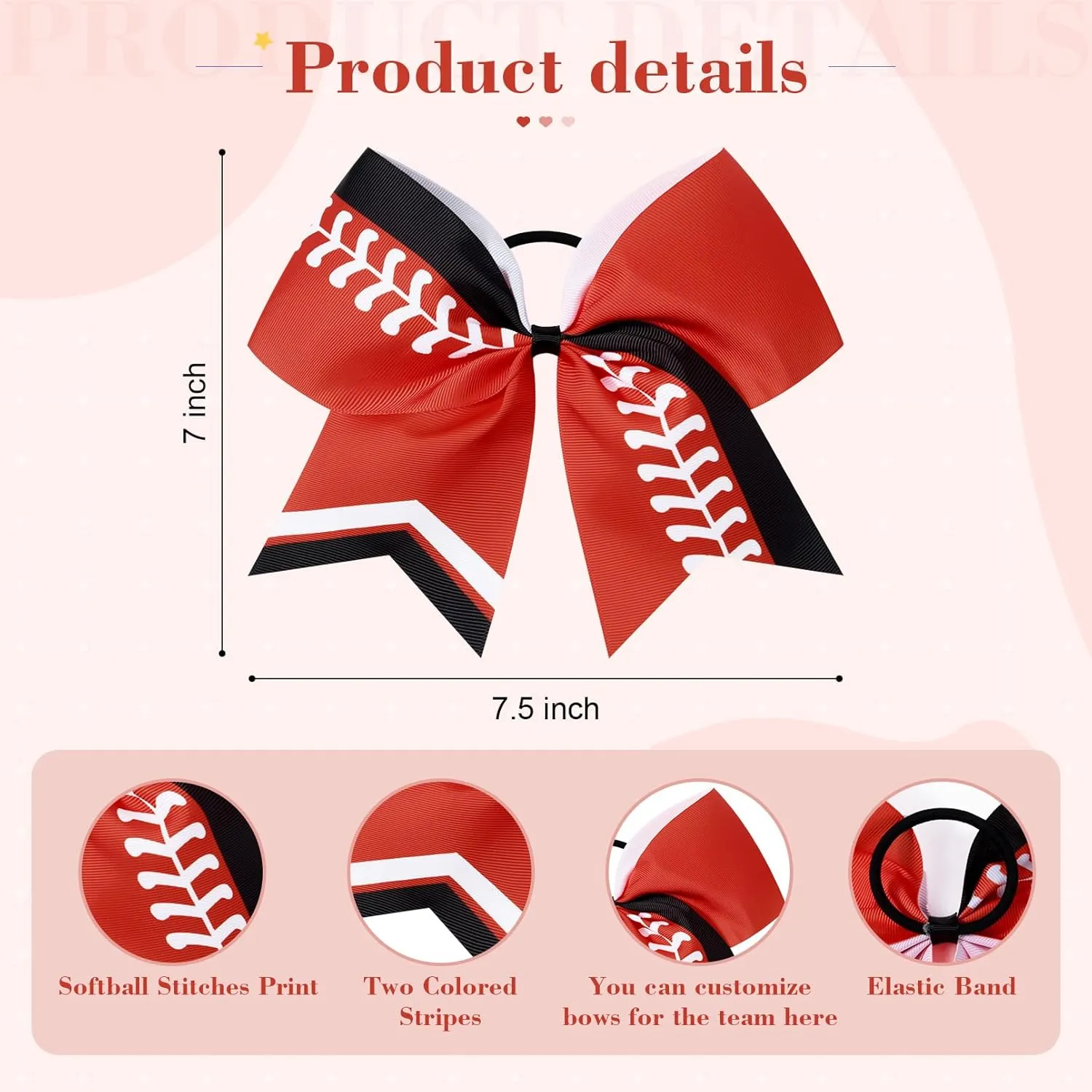 DEEKA 12 PCS Softball Cheer Bows 8" Thread Large Cheerleader Hair Bows Ponytail Holder Handmade for Teen Girls Sports -Red/Black/White