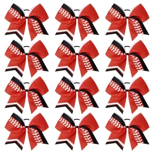 DEEKA 12 PCS Softball Cheer Bows 8" Thread Large Cheerleader Hair Bows Ponytail Holder Handmade for Teen Girls Sports -Red/Black/White