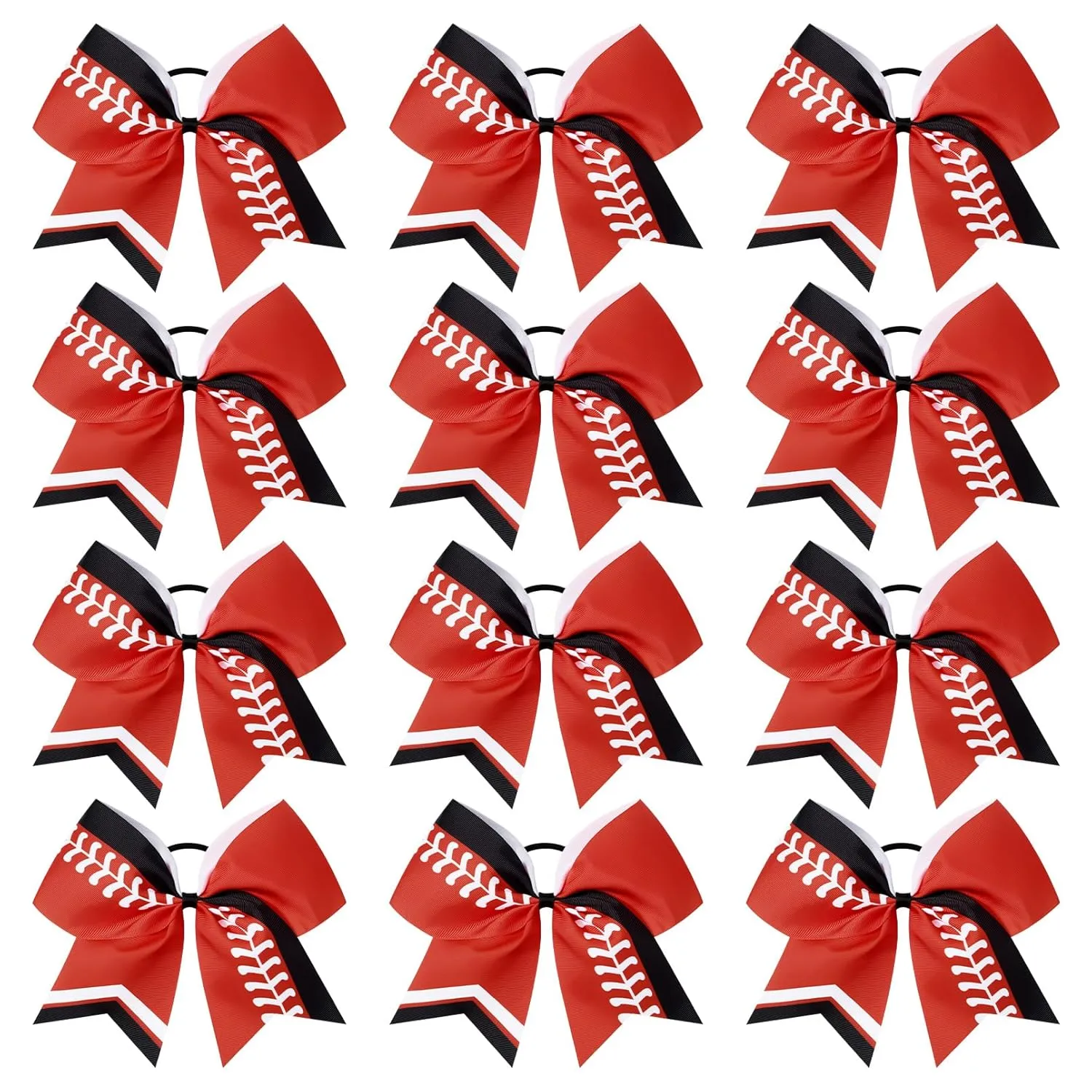 DEEKA 12 PCS Softball Cheer Bows 8" Thread Large Cheerleader Hair Bows Ponytail Holder Handmade for Teen Girls Sports -Red/Black/White