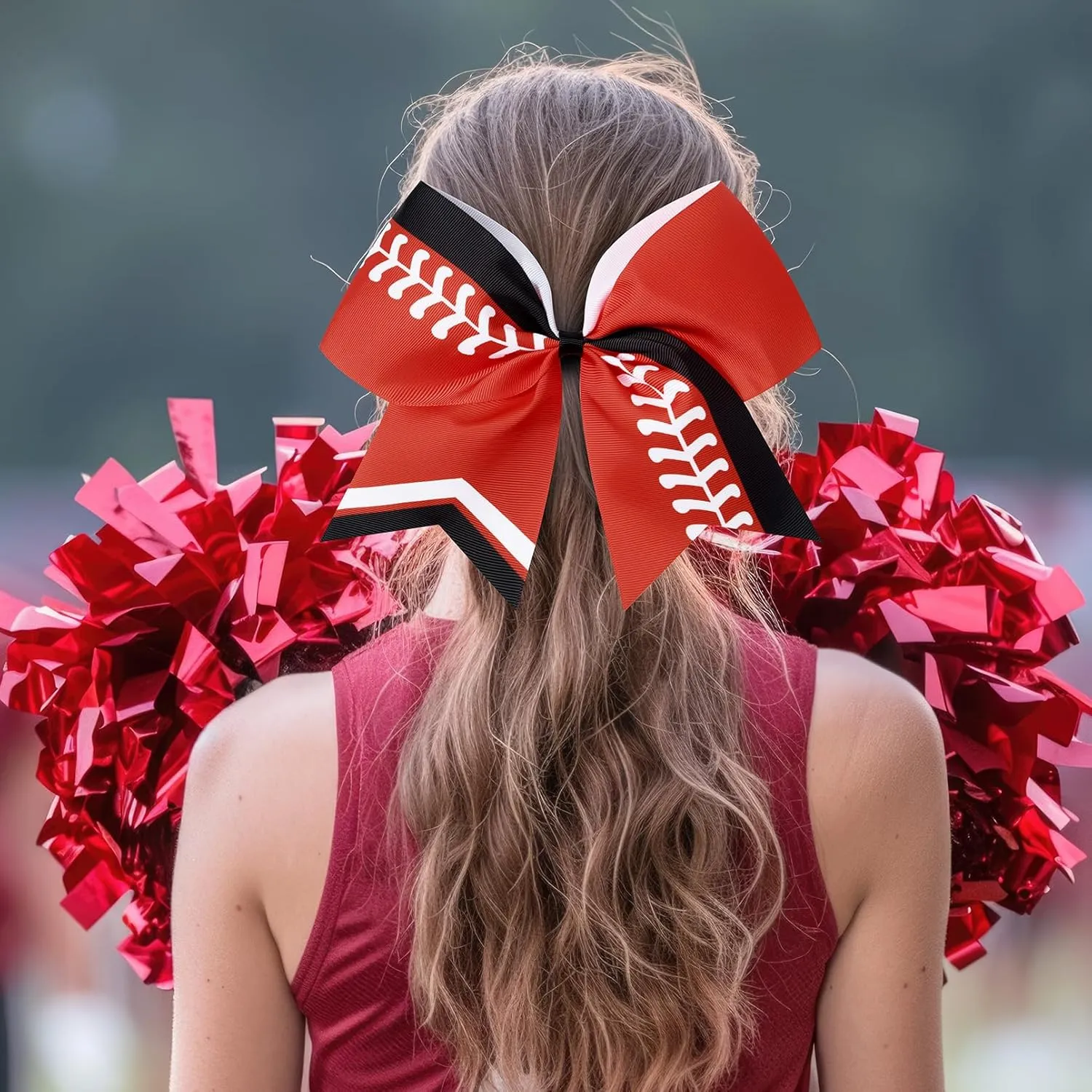 DEEKA 12 PCS Softball Cheer Bows 8" Thread Large Cheerleader Hair Bows Ponytail Holder Handmade for Teen Girls Sports -Red/Black/White