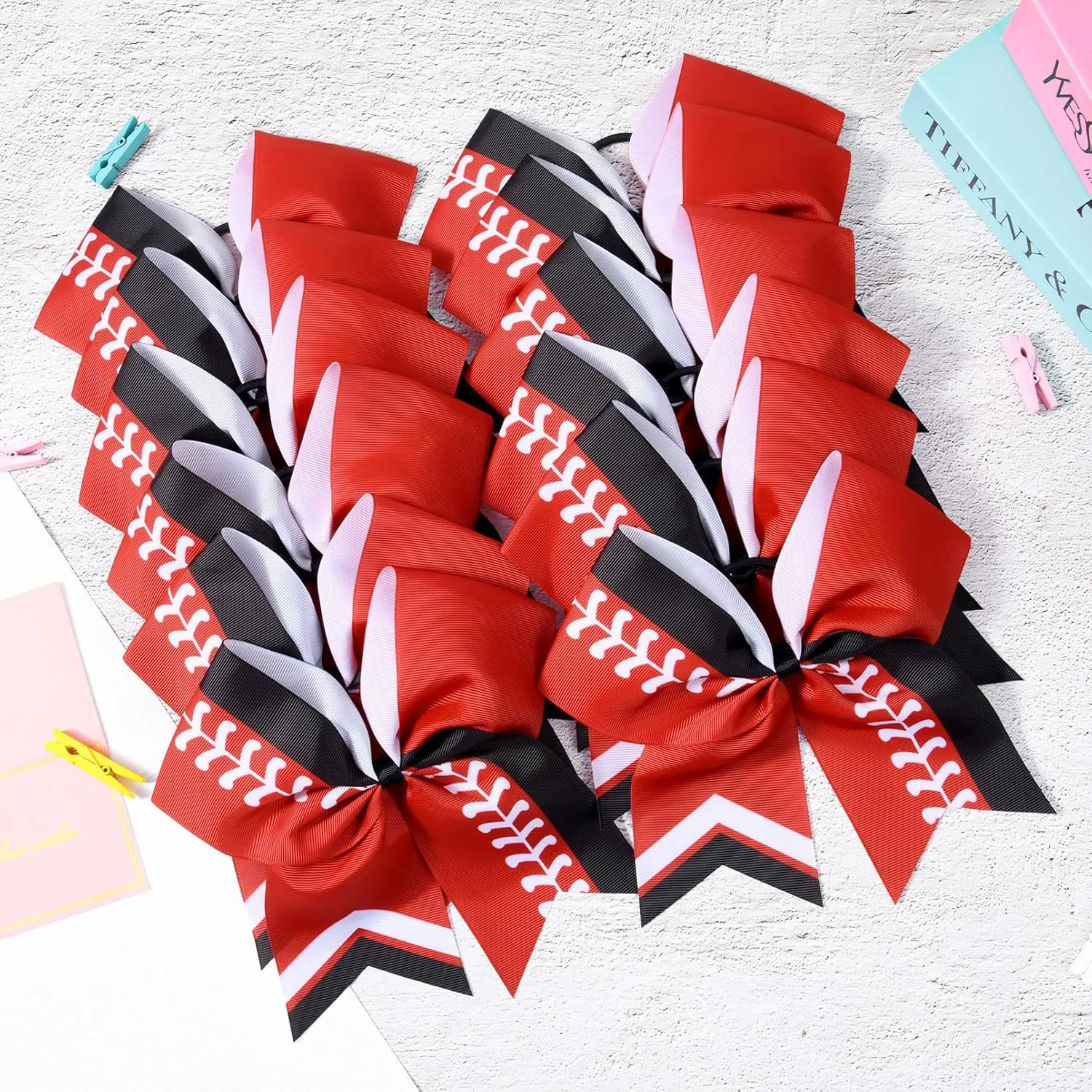 DEEKA 12 PCS Softball Cheer Bows 8" Thread Large Cheerleader Hair Bows Ponytail Holder Handmade for Teen Girls Sports -Red/Black/White