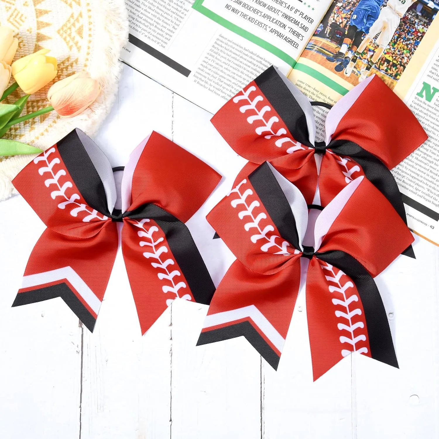DEEKA 12 PCS Softball Cheer Bows 8" Thread Large Cheerleader Hair Bows Ponytail Holder Handmade for Teen Girls Sports -Red/Black/White