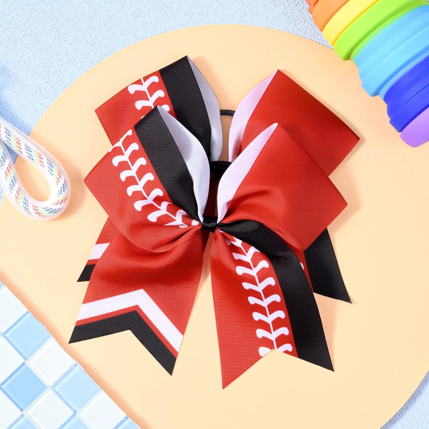 DEEKA 12 PCS Softball Cheer Bows 8" Thread Large Cheerleader Hair Bows Ponytail Holder Handmade for Teen Girls Sports -Red/Black/White