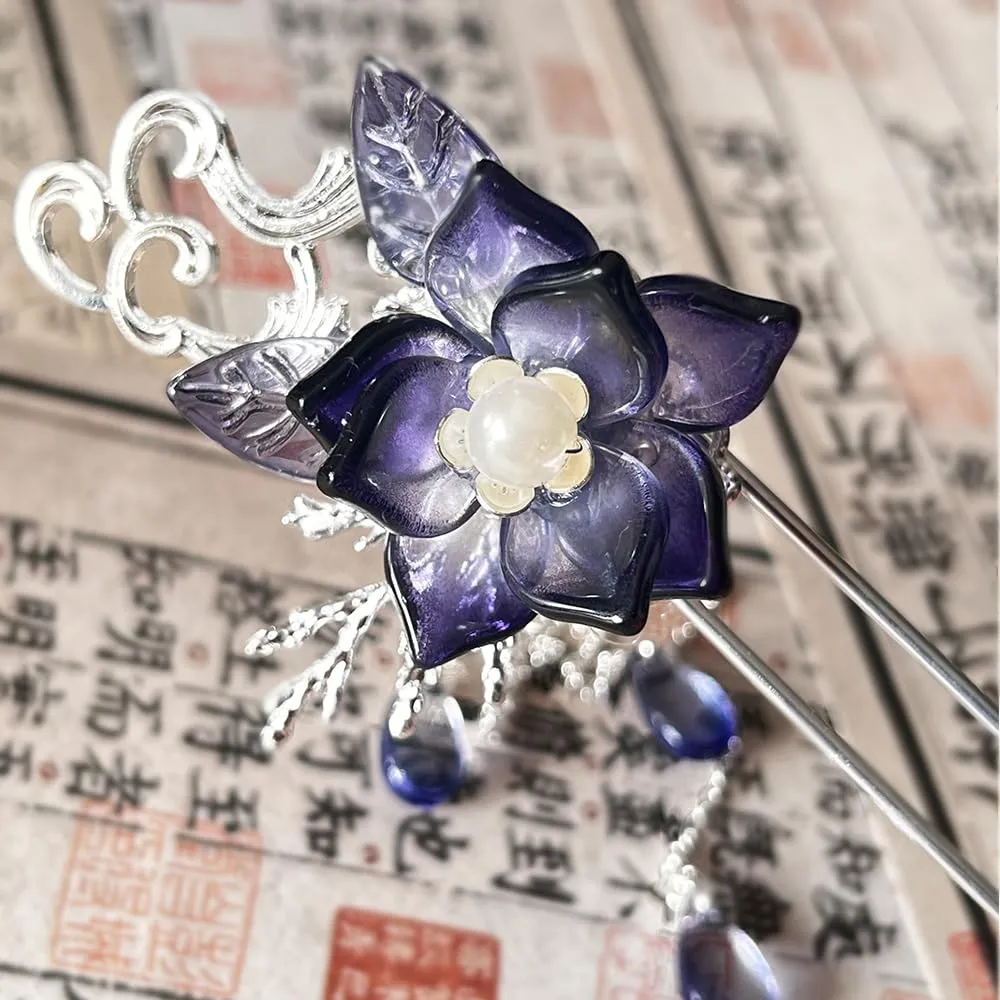 Deep Purple Camellia Flower with Pearl Tassels Hairpin Chinese Hanfu Handmade Hair Clip Hair Accessories for Women Girls Long Hair (Deep Blue Purple Camellia)