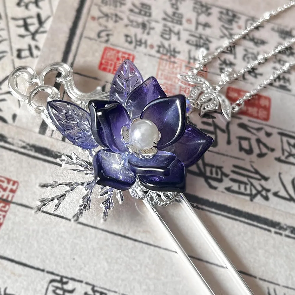 Deep Purple Camellia Flower with Pearl Tassels Hairpin Chinese Hanfu Handmade Hair Clip Hair Accessories for Women Girls Long Hair (Deep Blue Purple Camellia)
