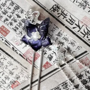 Deep Purple Camellia Flower with Pearl Tassels Hairpin Chinese Hanfu Handmade Hair Clip Hair Accessories for Women Girls Long Hair (Deep Blue Purple Camellia)