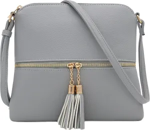 DELUXITY Lightweight Medium Crossbody Bag with Tassel (Light Grey)