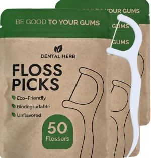 Dental Herb Company - Plant Based Biodegradable Floss Picks - 4 Pack (200 pcs) - Unflavored, Vegan, Eco Friendly