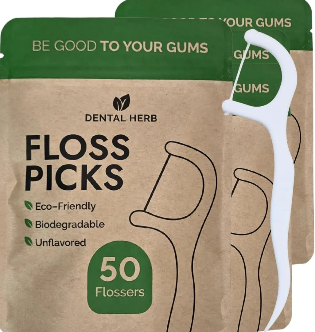 Dental Herb Company - Plant Based Biodegradable Floss Picks - 4 Pack (200 pcs) - Unflavored, Vegan, Eco Friendly