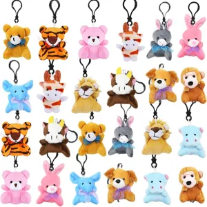 DINESIL 24 Pcs Mini Plush Animals, Stuffed Animal Keychain Set for Kids Basket Stuffers, Classroom Prize, Goodie Bag Fillers, Party Favor Supplies