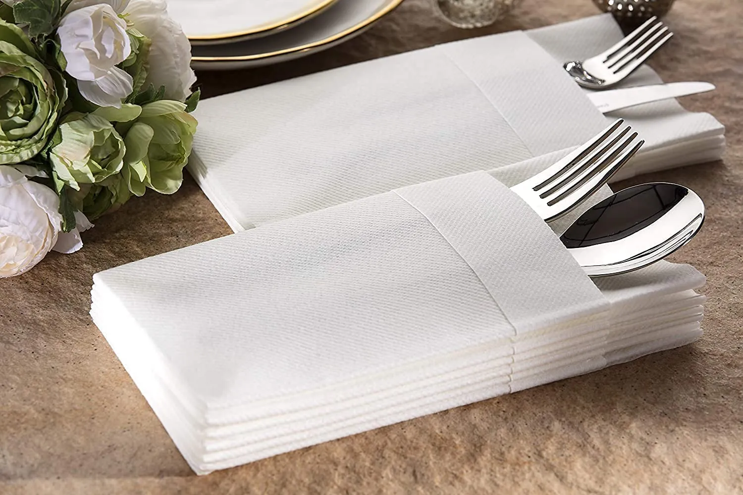 Disposable Cloth Like Napkins, Built-in Flatware Pocket, Wedding Party Linen Feel White Napkin, Prefolded for Silverware,50 Count