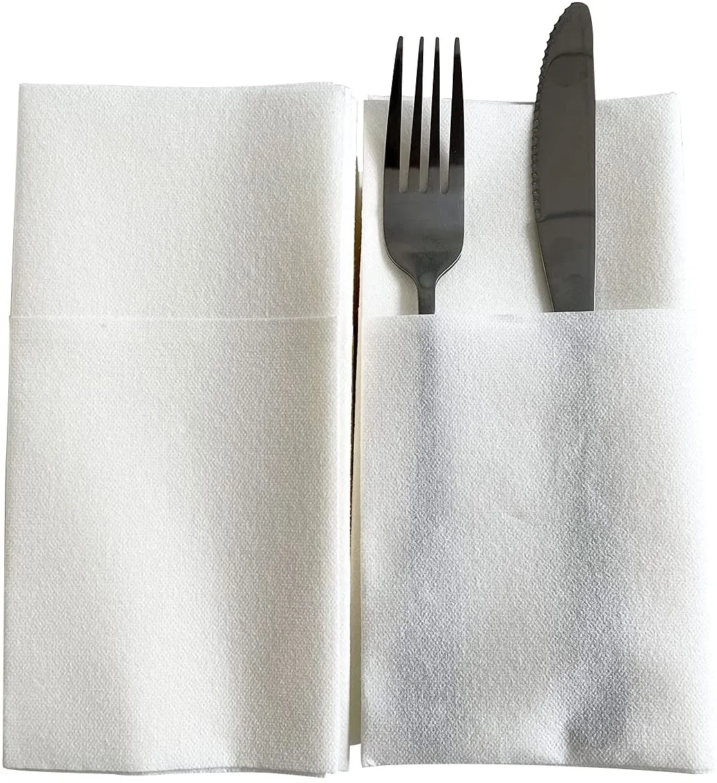 Disposable Cloth Like Napkins, Built-in Flatware Pocket, Wedding Party Linen Feel White Napkin, Prefolded for Silverware,50 Count