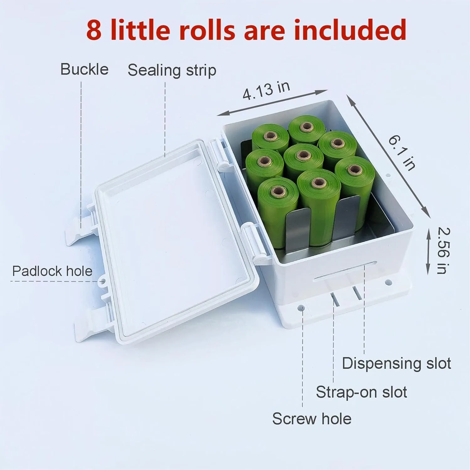 Dog Poop Bag Holder Outdoor Wall Mounted Doggie Poop Bags Storage Dispenser with 8 Rolls Small Pet Waste Station for Yard Stake, Pole, Post, Fence Mount (White dispenser 8 rolls)