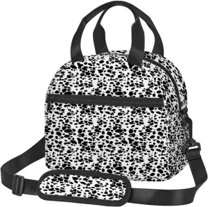 Dog Print,Insulated Reusable Lunch Bag with Adjustable Shoulder Strap for Adults,Puppy Spots Fun Spotted Pets Animal,Leakproof Office Picnic Hiking Beach Tote Bag,Black White,9x5x7.8in
