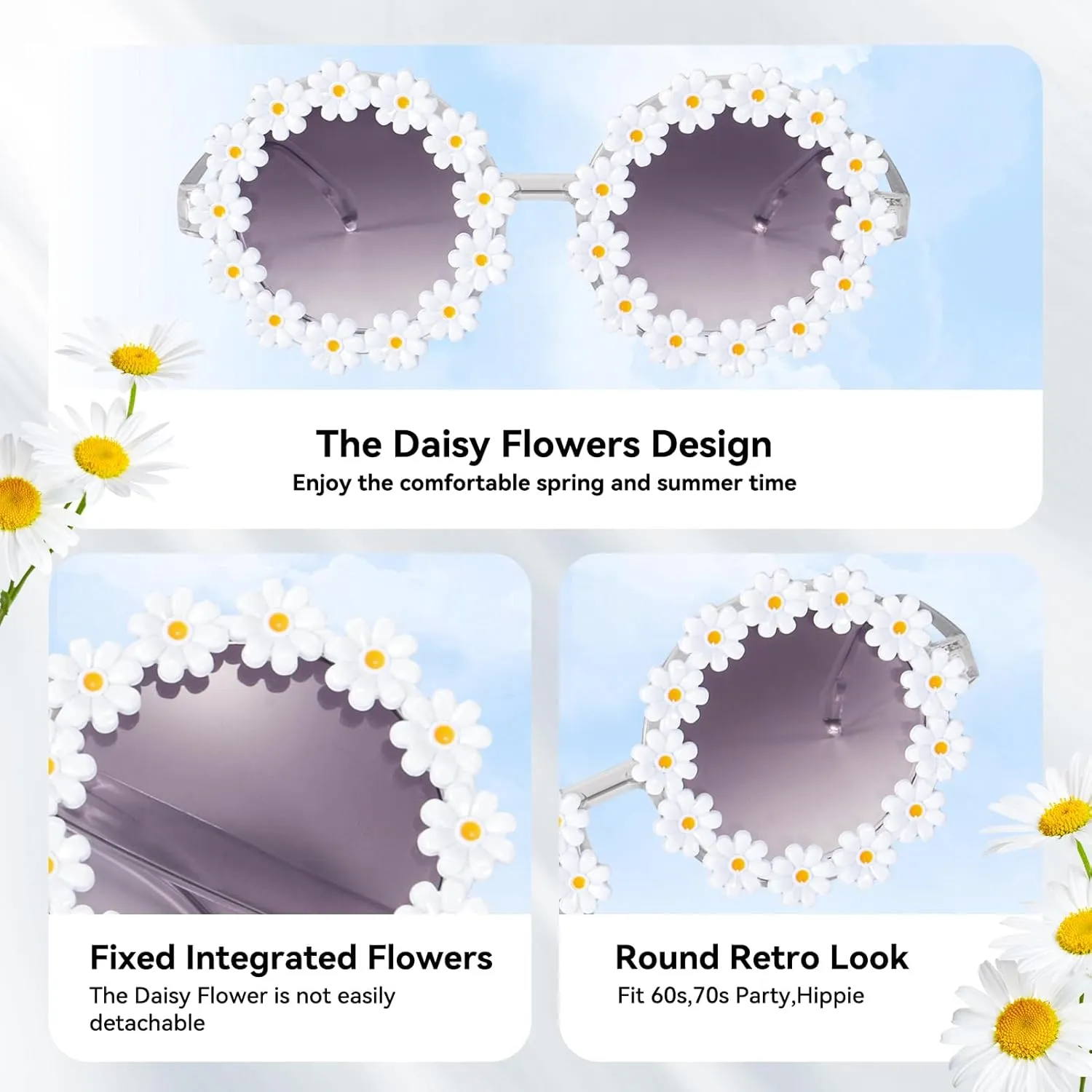 Dollger Daisy Sunglasses for Women Flower Round Fashion Rave Party Disco Fun Festival Retro Sunglasses,White Purple