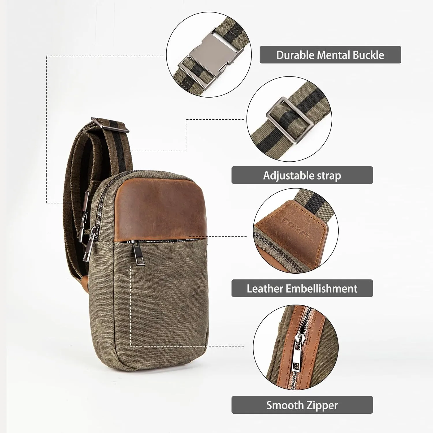DOMAT Crossbody Bag For Men, Retro Waxed Canvas Chest Bag Embellished by Leather, Sling Bag with Buckle Strap